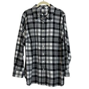 Talbots Womens Blouse Plus 1X Black White Metallic Plaid Button Up Long Sleeve